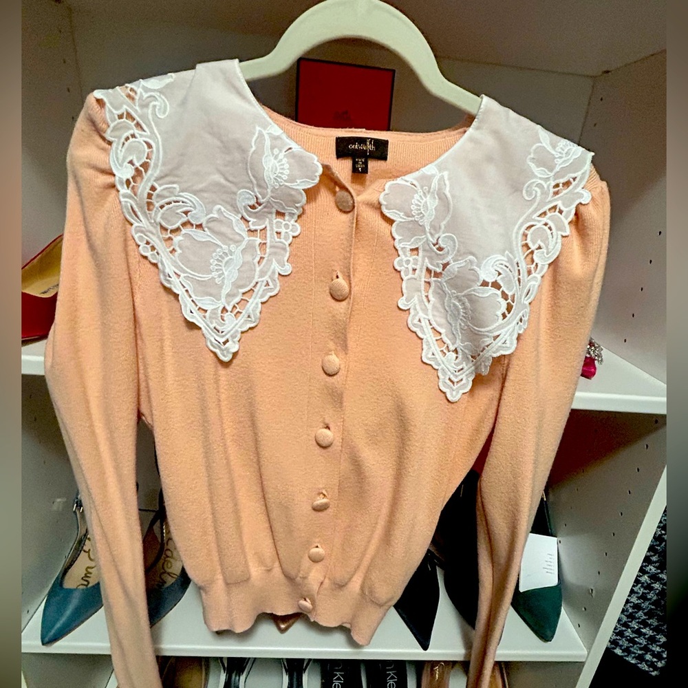 Collectif Orange and White Cardigan with Lace Details
